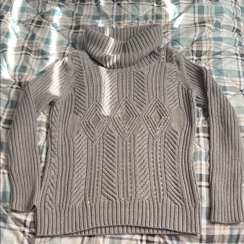 Gray Turtleneck Cable Knit Sweater